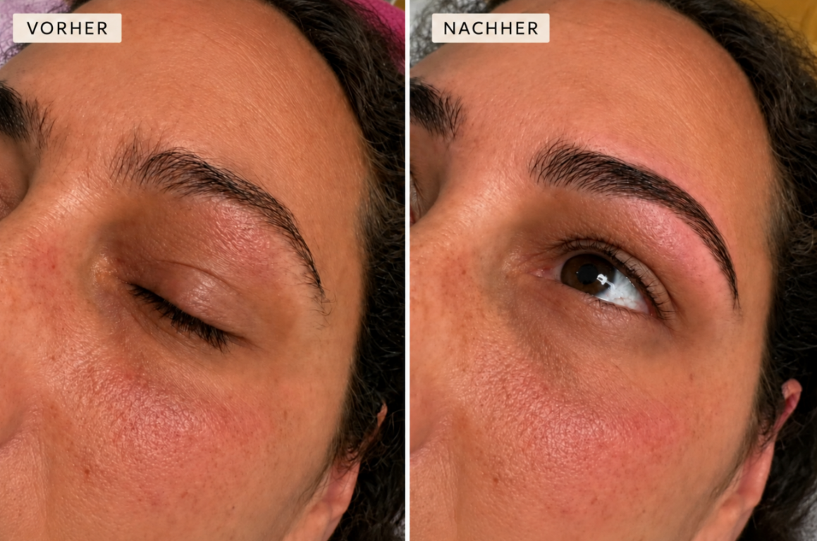 Before-and-after comparison of a brow lamination treatment
