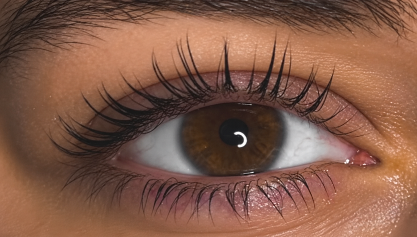 Nahaufnahme eines Auges mit betonten, geschwungenen Wimpern